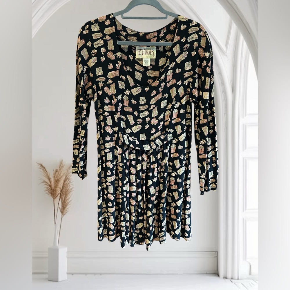 VINTAGE‎ TT MAR Novelty Print Scoop Neck Drop Waist Dress Cottagecore Coquette M